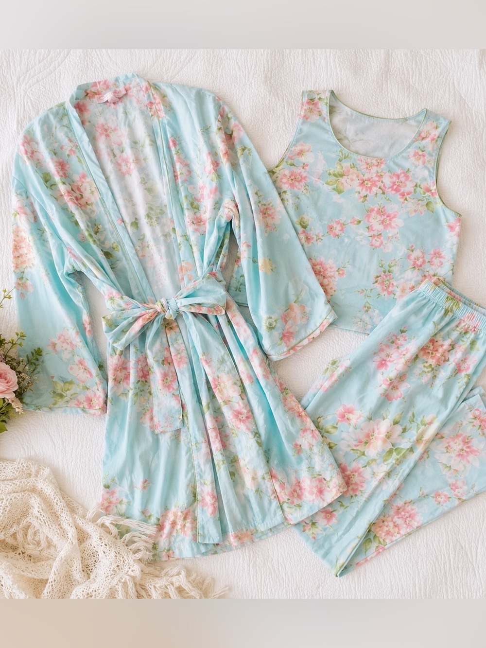 Oscar de la Renta Pink Label 3 Pc Floral Pajama PJ Set Robe Pants XL L/XL NWOT